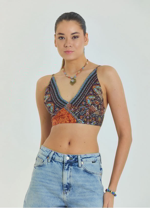 Lace Up Open Back Adjustable Brown Crop Blouse 4653